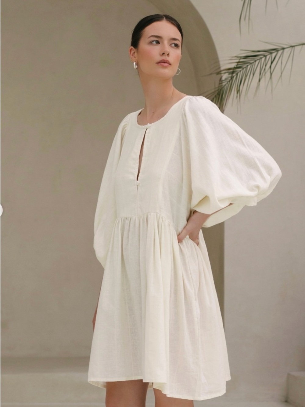 Gillia Cream Puff-Sleeve Babydoll Mini Dress